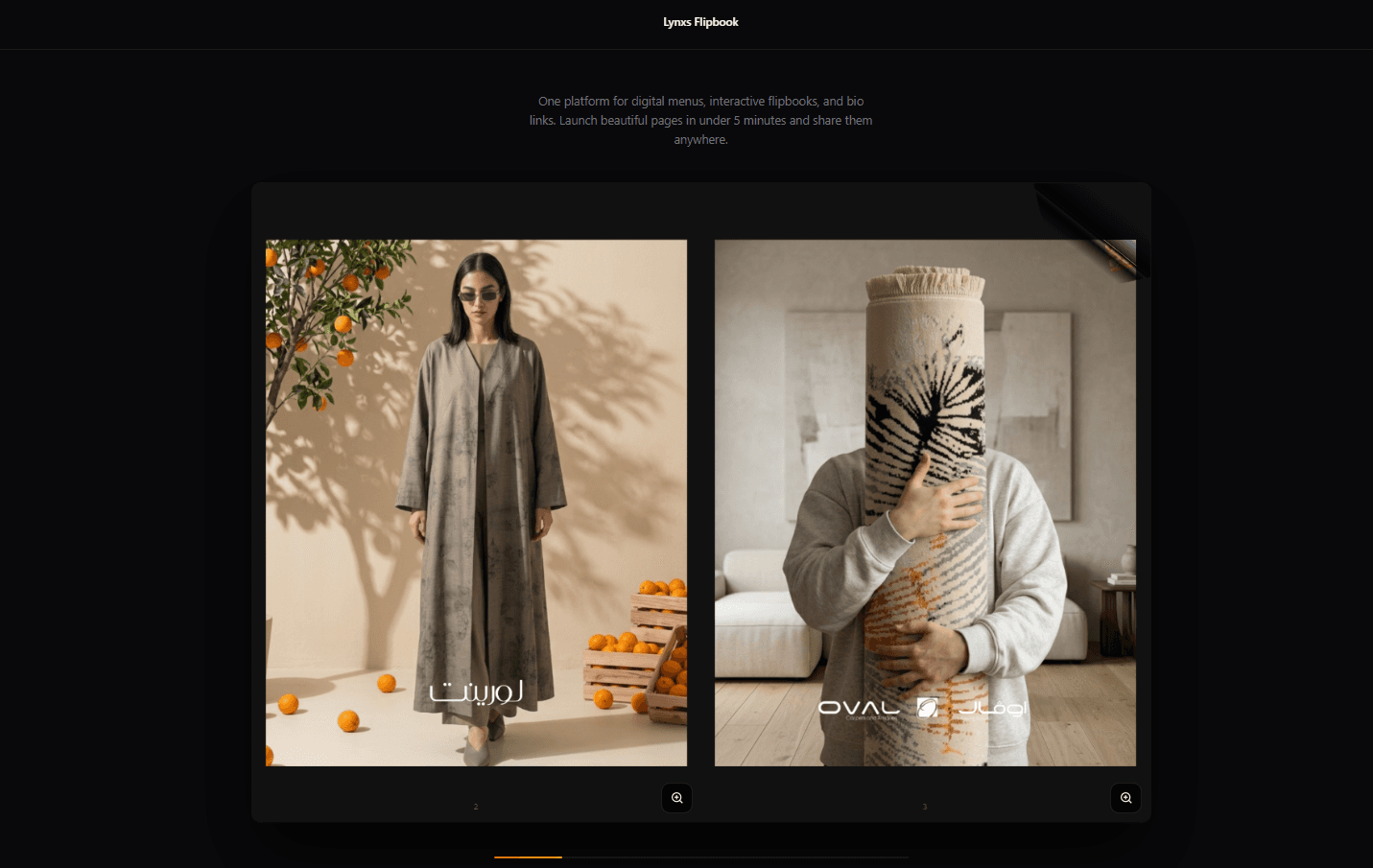 Digital flipbook preview showing an interactive page-flip catalog, dark mode