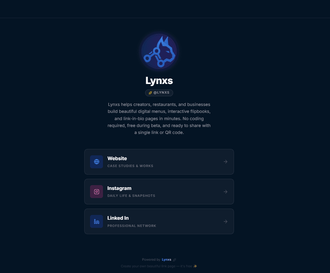 Link in bio page preview with social icons and profile photo, dark mode