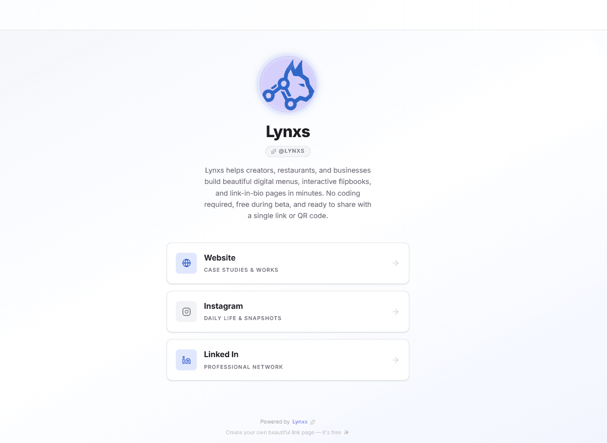Link in bio page preview with social icons and profile photo