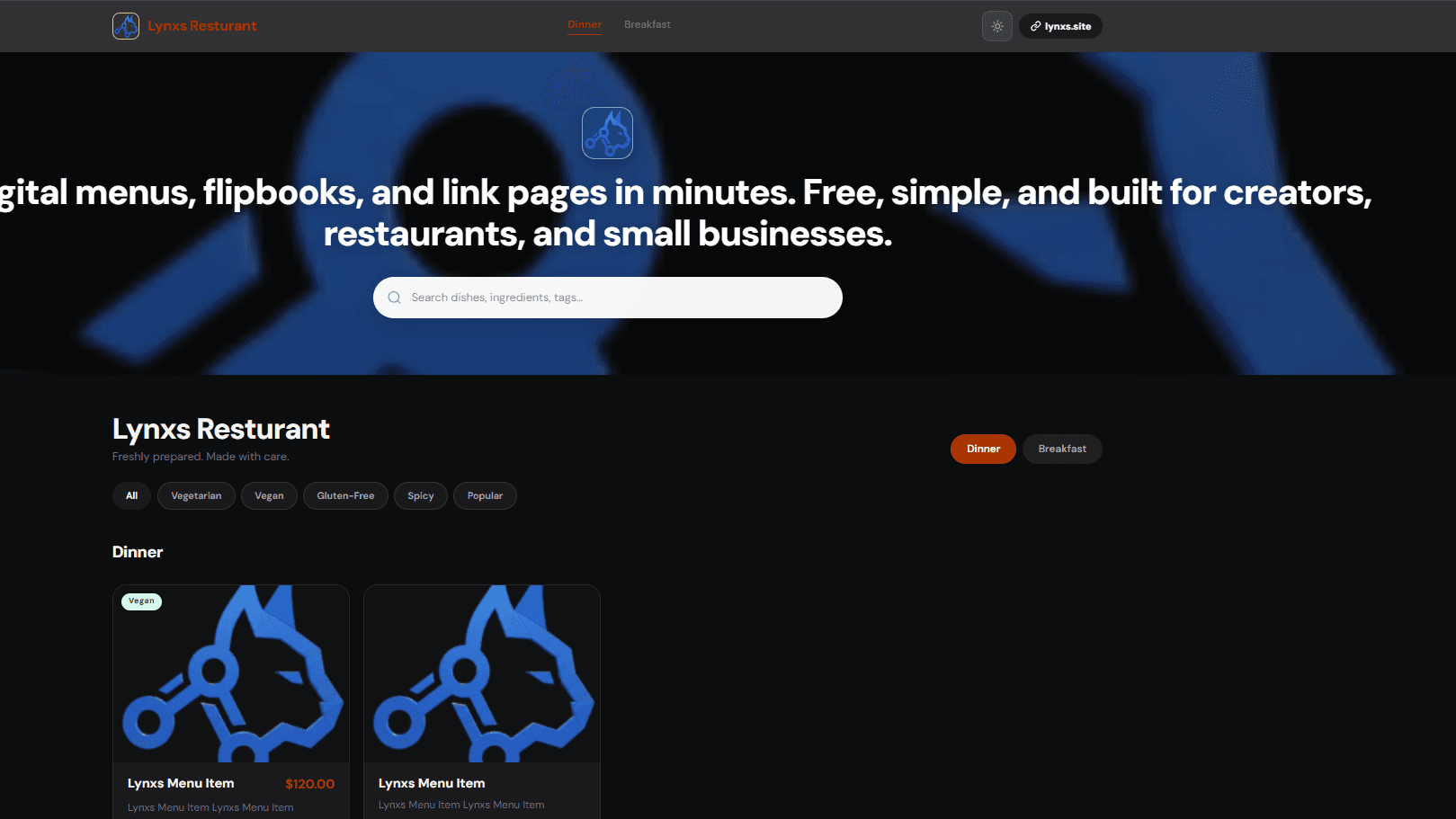 Digital restaurant menu preview with categories and food photos, dark mode